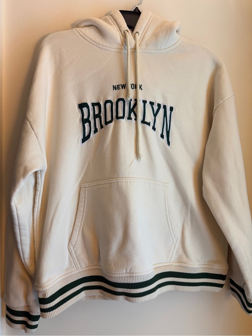 Sunday Cream Crewneck Hoodie with Green 'Brooklyn' Embroidery